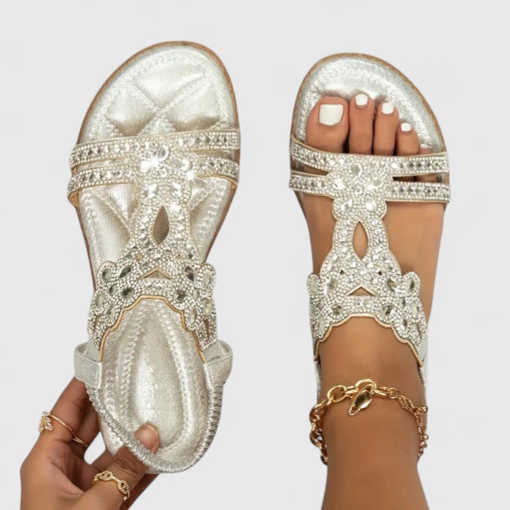 Open Toe Rhinestone Elastic Ankle Flat Sandals 2