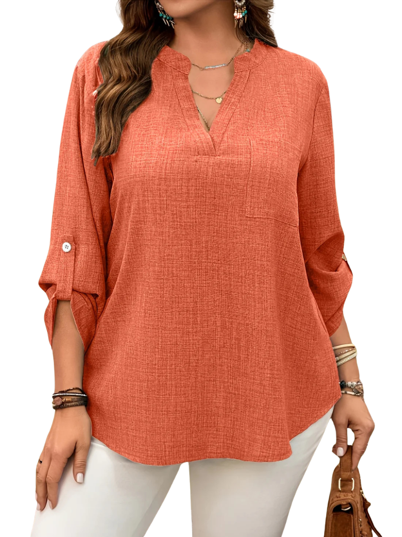 Notch V-Neck Roll Tab Long Sleeve Pocket Top
