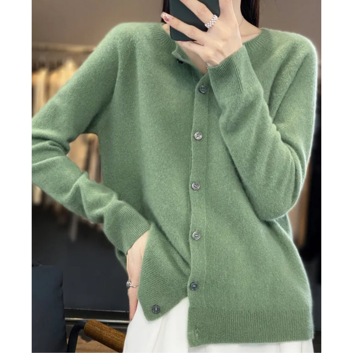 Round Neck Button Front Long Sleeve Knit Cardigan
