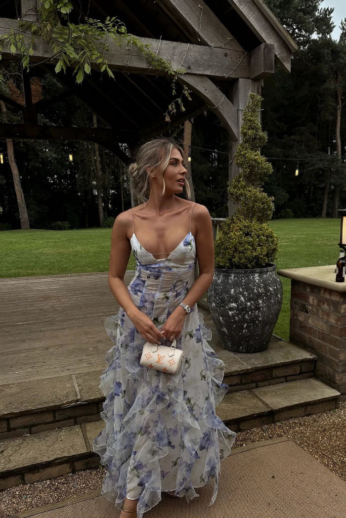 Floral Chiffon V-Neck Corset Bodice Ruffle Tiered Maxi Dress 7
