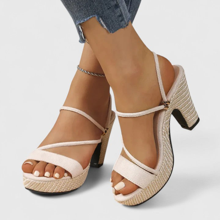 Open Toe Strappy Woven Platform Block Heel Sandals