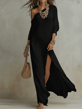 Knit One Shoulder Long Sleeve High Split Maxi Dress 2