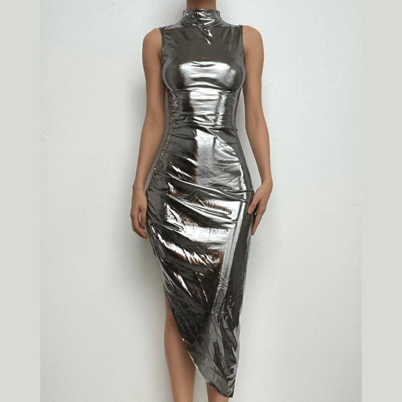 Metallic Mock Neck Sleeveless Ruched Asymmetric Hem Midi Dress
