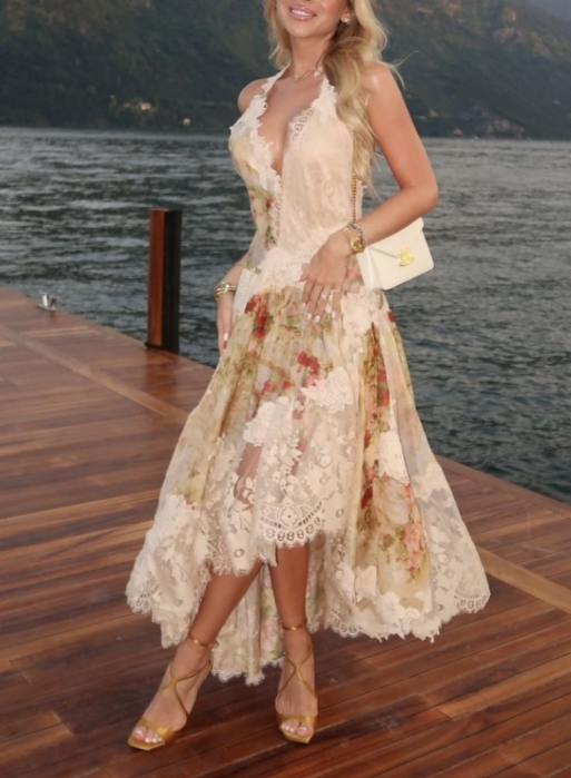 Vintage Halter V Neck Chiffon Print Floral Lace Prom Dress Mermaid Long Party Dress D1025