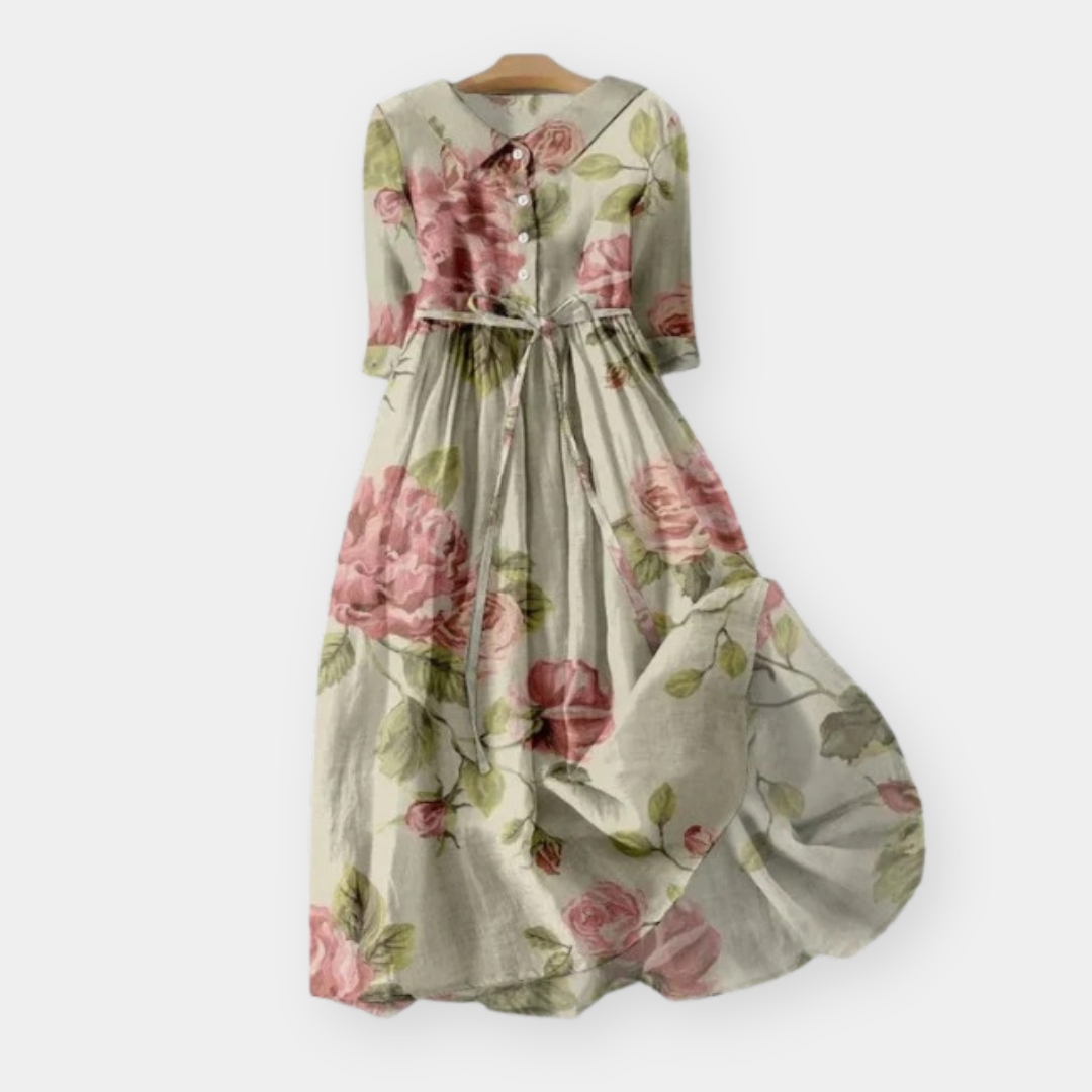 Rose Floral Collared Button Front Tie Waist Midi Dress