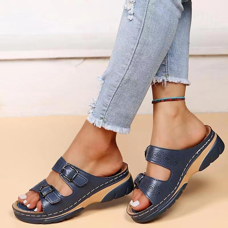 Open Toe Cutout Double Buckle Wedge Slide Sandals