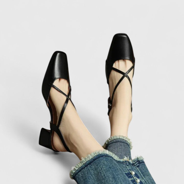 Square Toe Slingback Cross Strap Block Heel Pumps