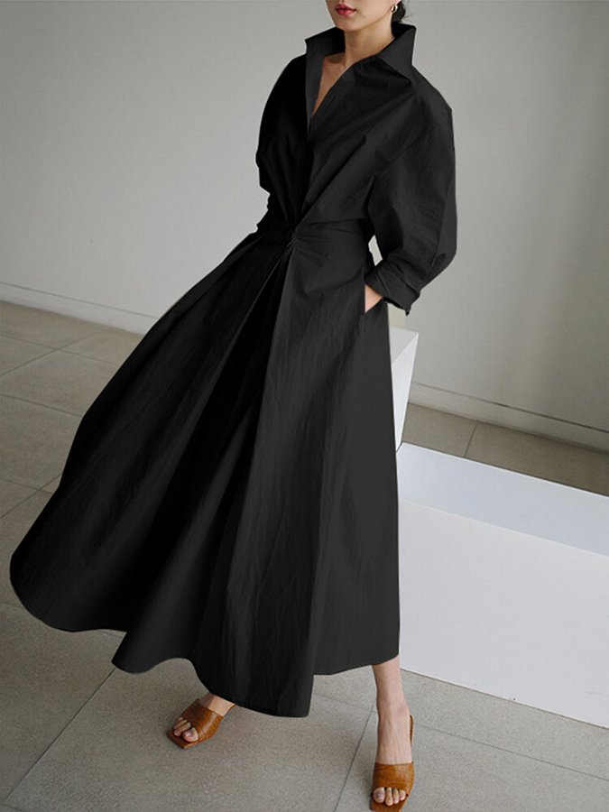 Collared Long Sleeve Pleated Waist A-Line Maxi Shirt Dress