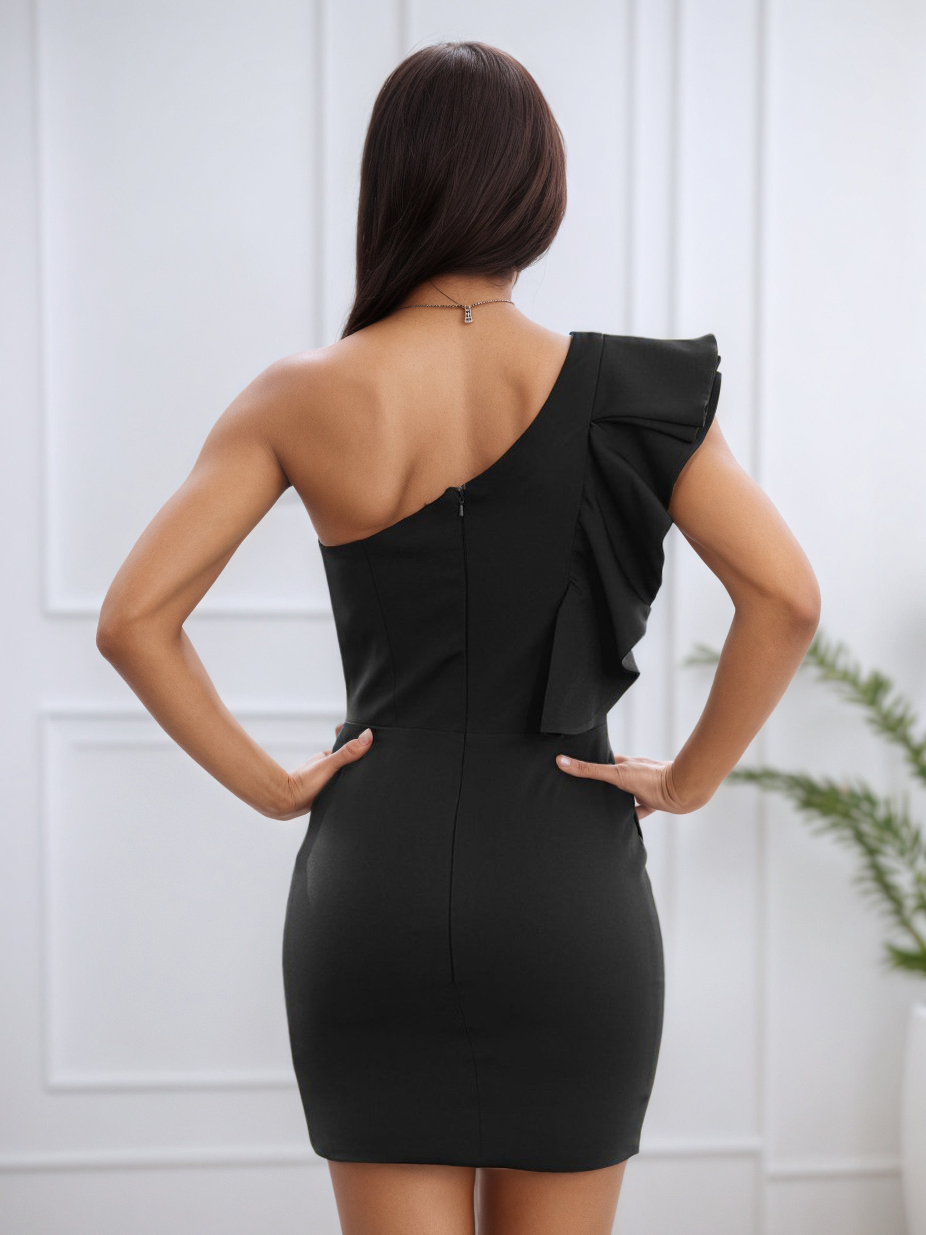 One Shoulder Sleeveless Short Black Homecoming Dress with Ruffles