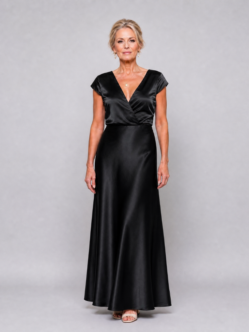 Surplice V-Neck Cap Sleeve Satin Maxi Gown