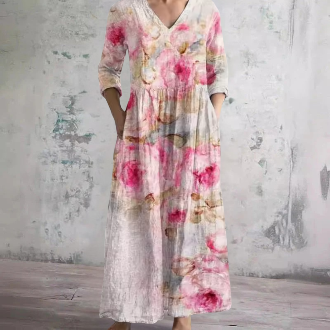 Watercolor Floral V-Neck Long Sleeve Tiered Maxi Dress