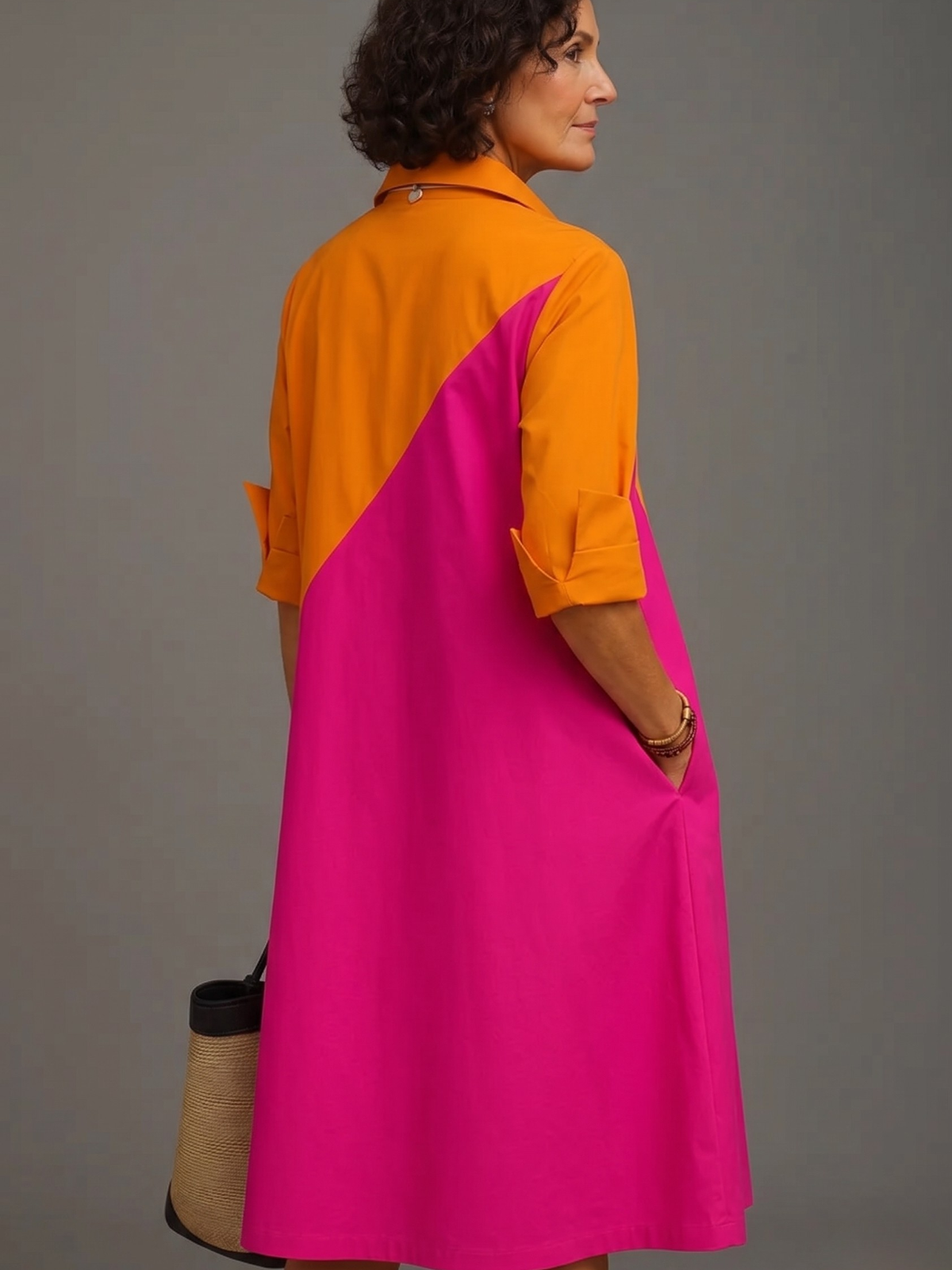 Diagonal Panel Collared Half Sleeve A-Line Midi Shirt Dress