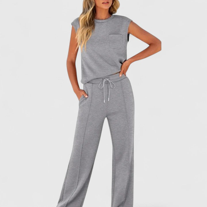 Cap Sleeve Top and Drawstring Wide Leg Pants Two Piece Set