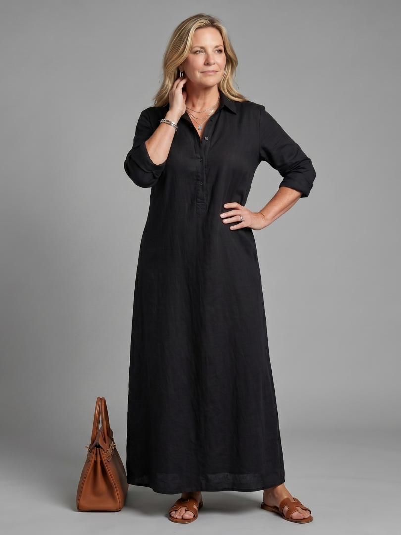 Collared Button Placket Long Sleeve Shirt Maxi Dress
