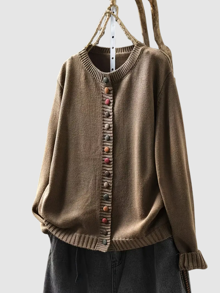 Crew Neck Long Sleeve Button Front Knit Cardigan