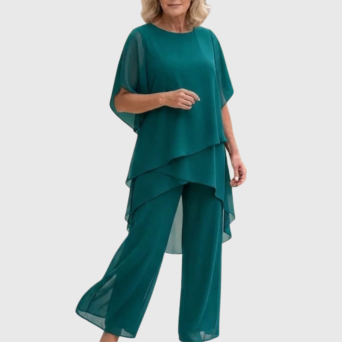 Layered Chiffon Cape Top and Wide Leg Pants Two Piece Set