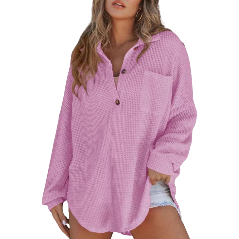 Waffle Knit Collared Button Long Sleeve Top