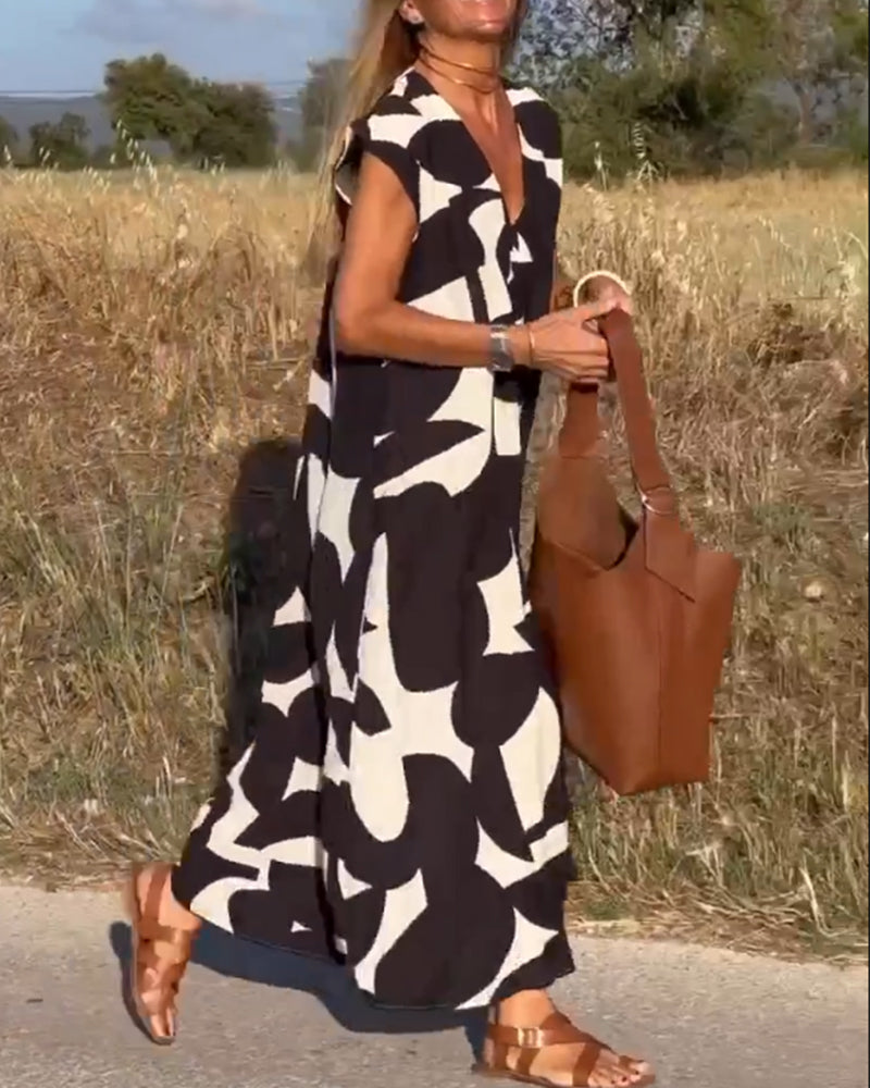 Abstract Print V-Neck Cap Sleeve Oversized Maxi Dress