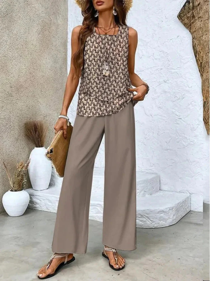 Sleeveless Layered Top and Floral Wide Leg Pants Two Piece Set