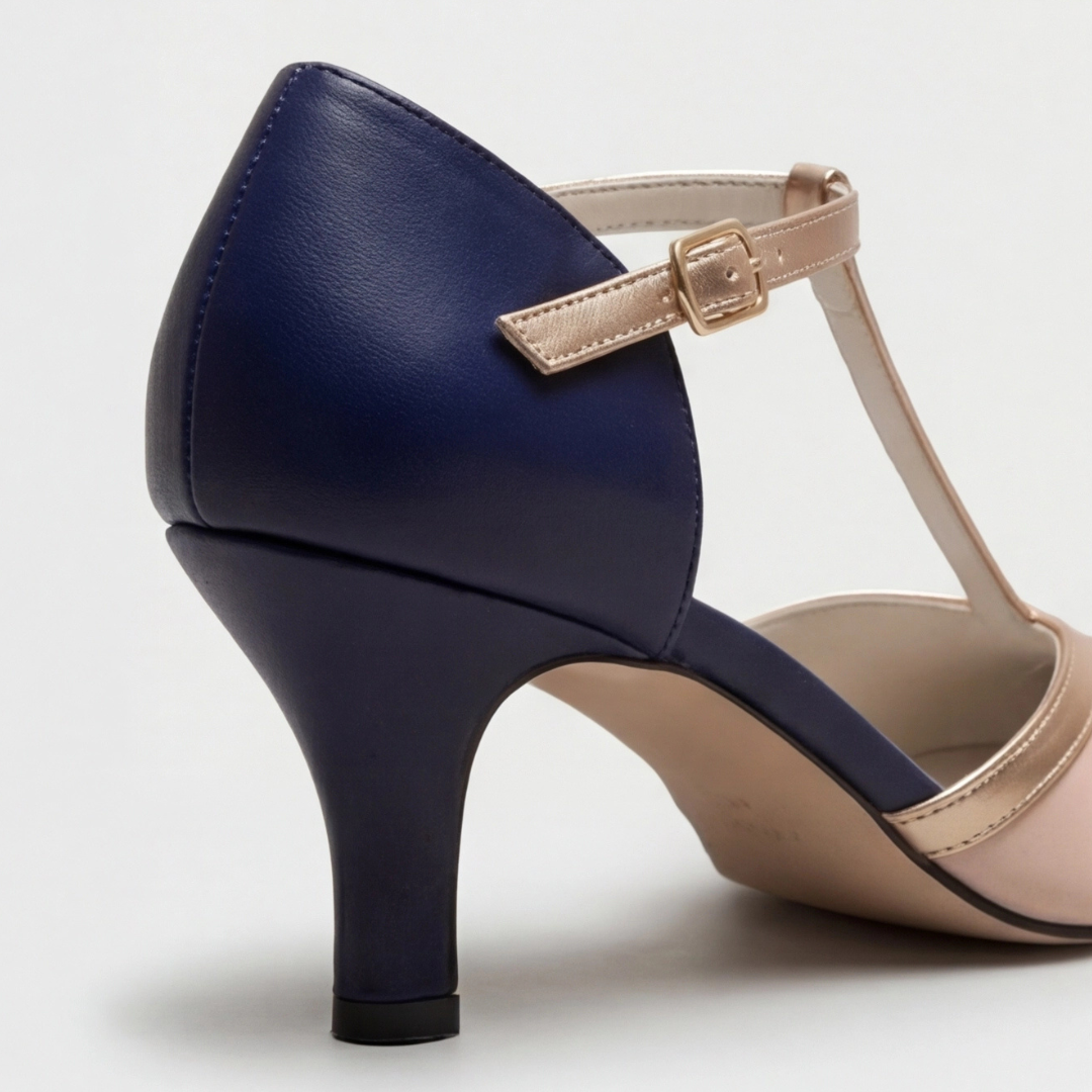 T Strap Cap Toe Buckle Kitten Heel Pumps