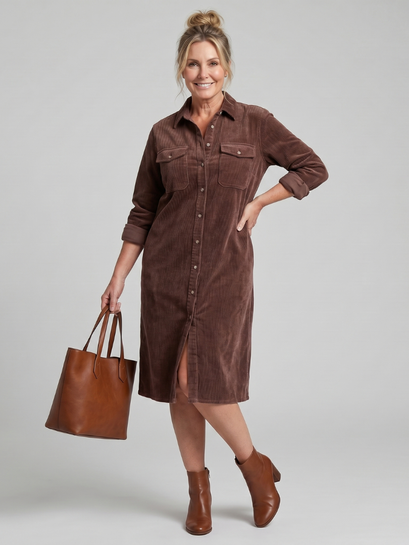 Long Sleeve Button Front Patch Pocket Corduroy Shirt Dress