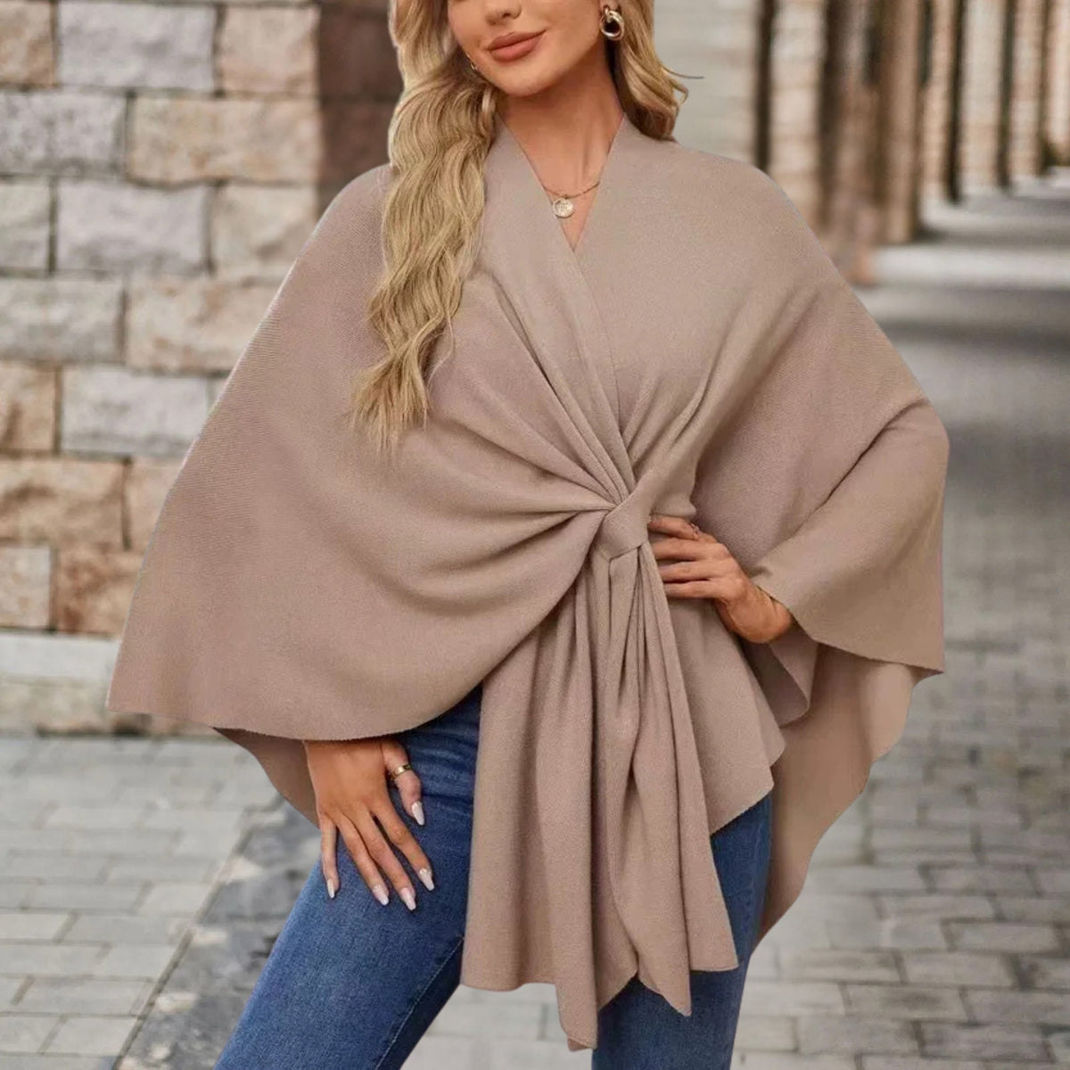 Twist Front Batwing Sleeve Knit Poncho