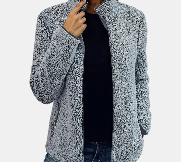 Zip Front Stand Collar Teddy Fleece Jacket