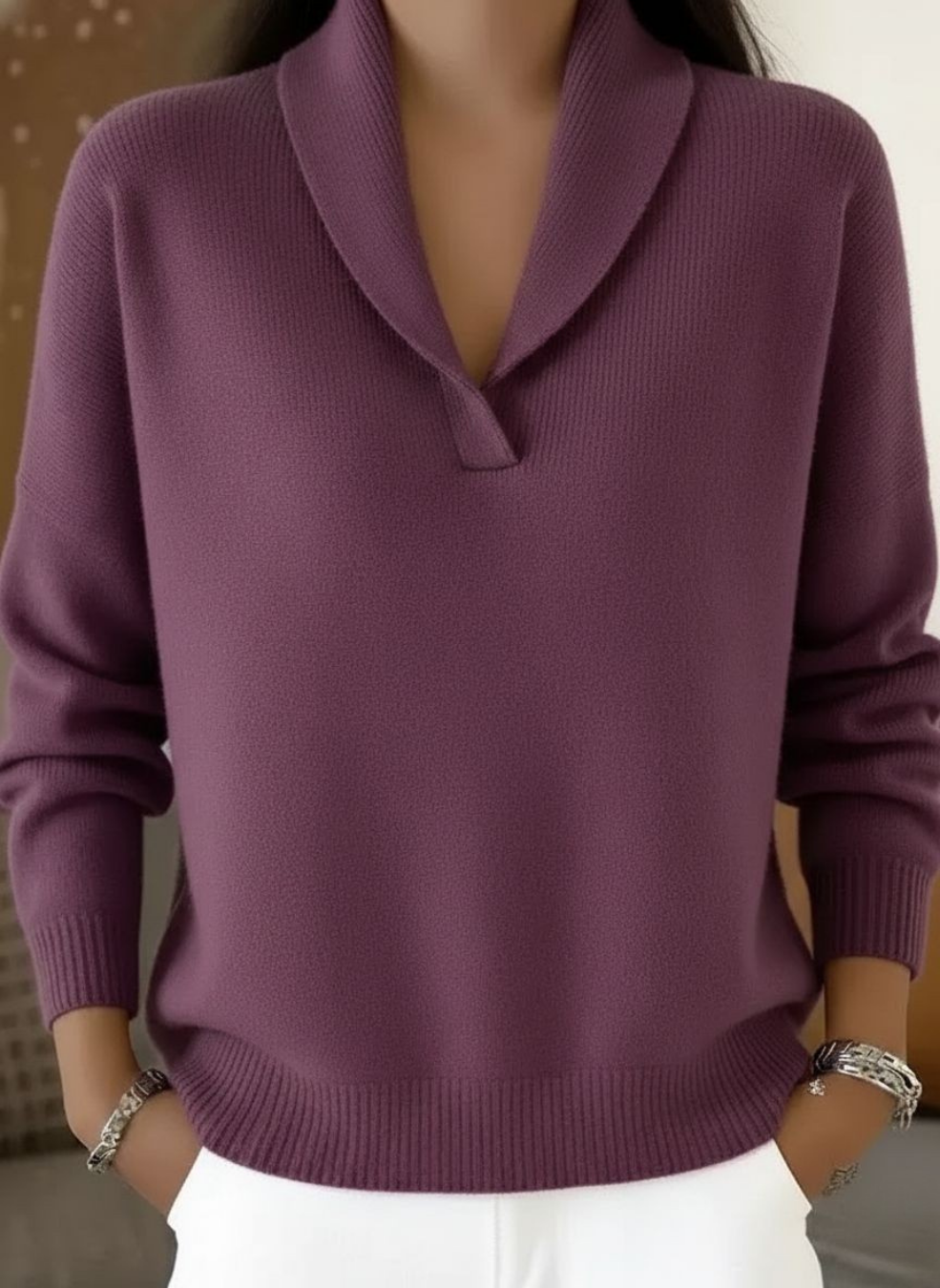 Shawl Collar V-Neck Long Sleeve Sweater