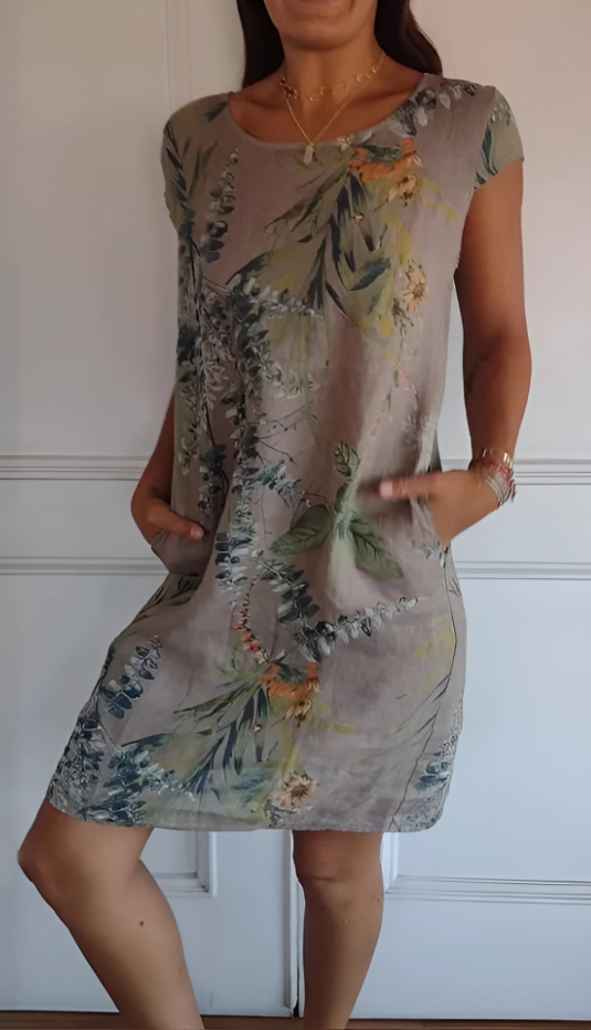Iris - Casual Loose-Fit Knee-Length Printed Dress Brown