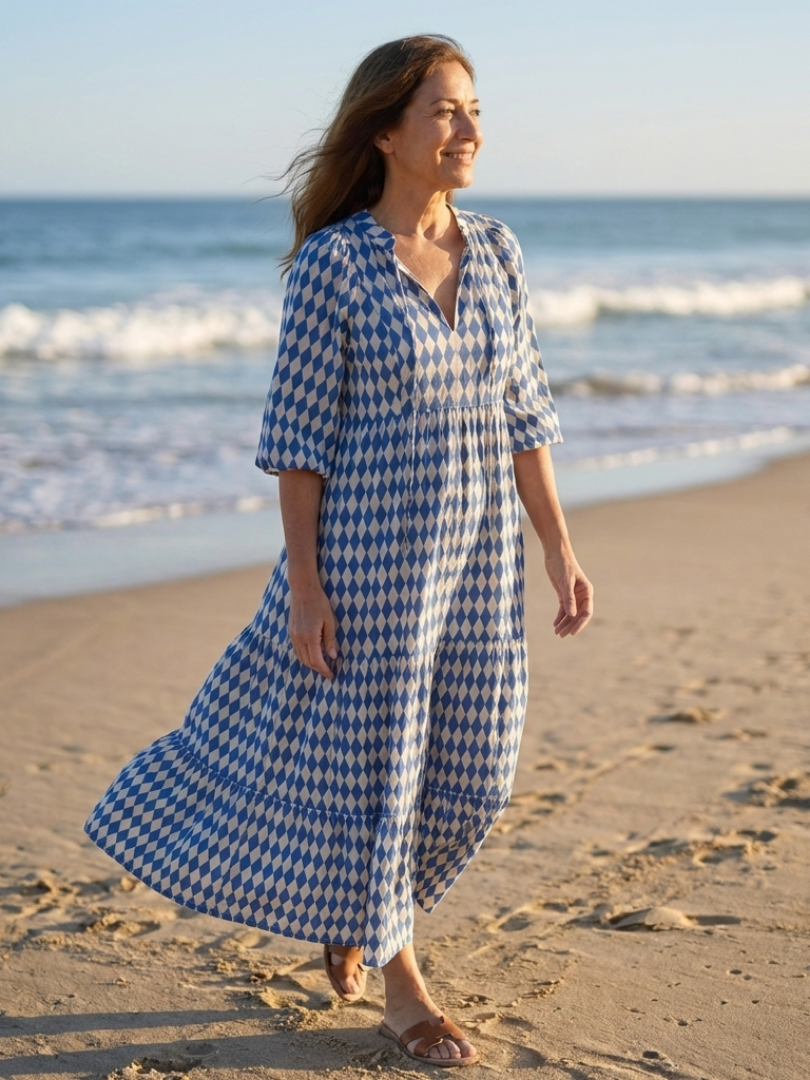 Diamond Print Split Neck Puff Sleeve Tiered Maxi Dress