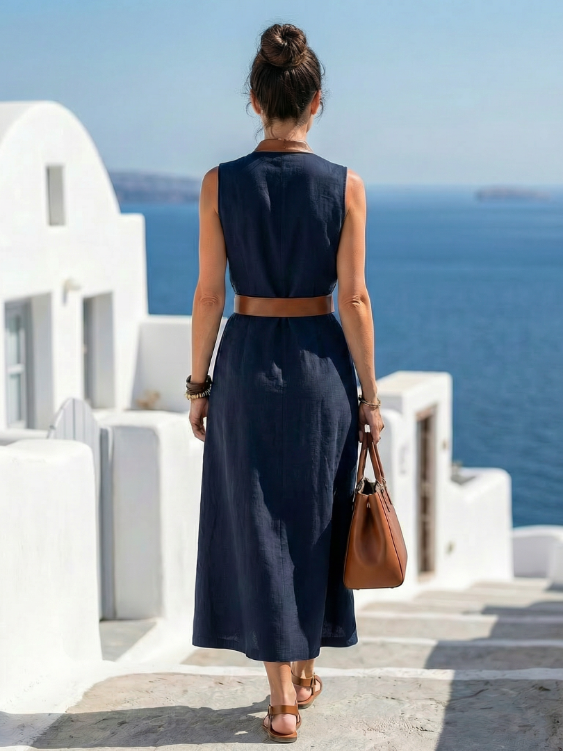 Contrast Belt Wrap V-Neck Sleeveless Maxi Dress