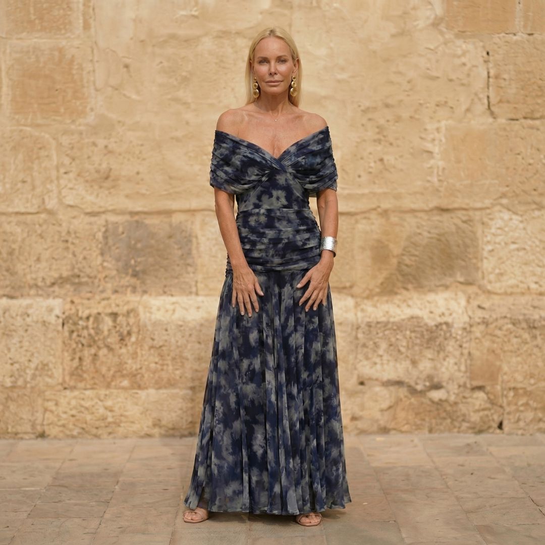 Off Shoulder Ruched Abstract Print Maxi Dress