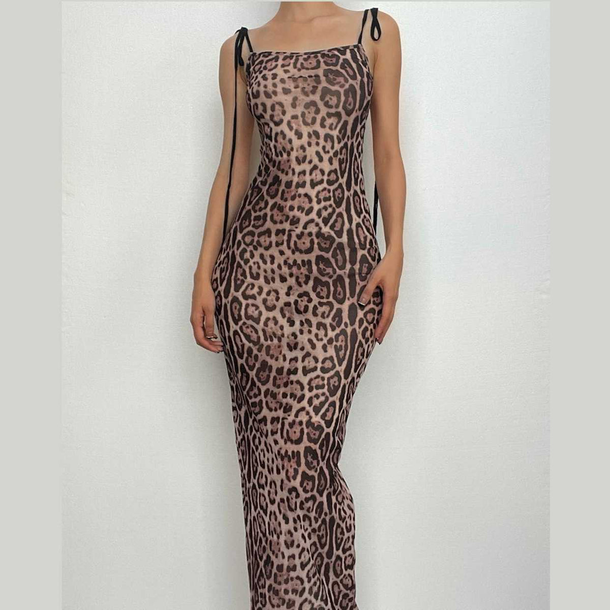 Sheer Mesh Tie Shoulder Spaghetti Strap Bodycon Maxi Dress 5