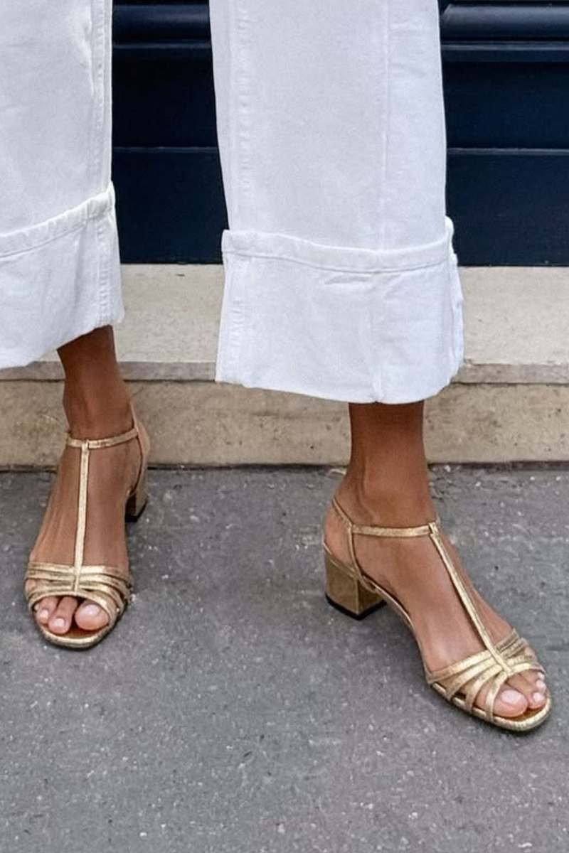T-Strap Metallic Low Block Heel Sandals