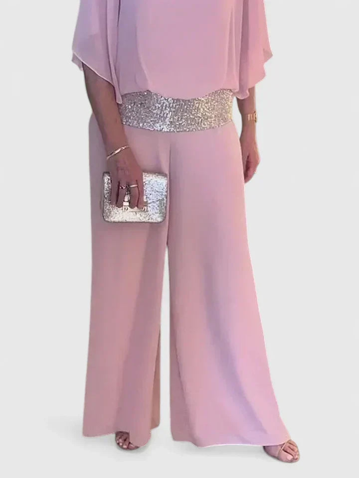 Sequin Trim Chiffon Overlay Top and Pants Two Piece Set 3