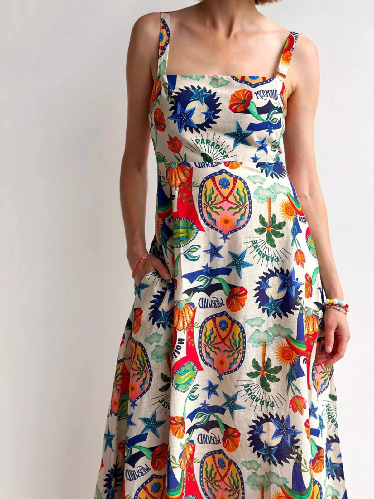 Novelty Print Square Neck Sleeveless Border Hem Maxi Dress 2