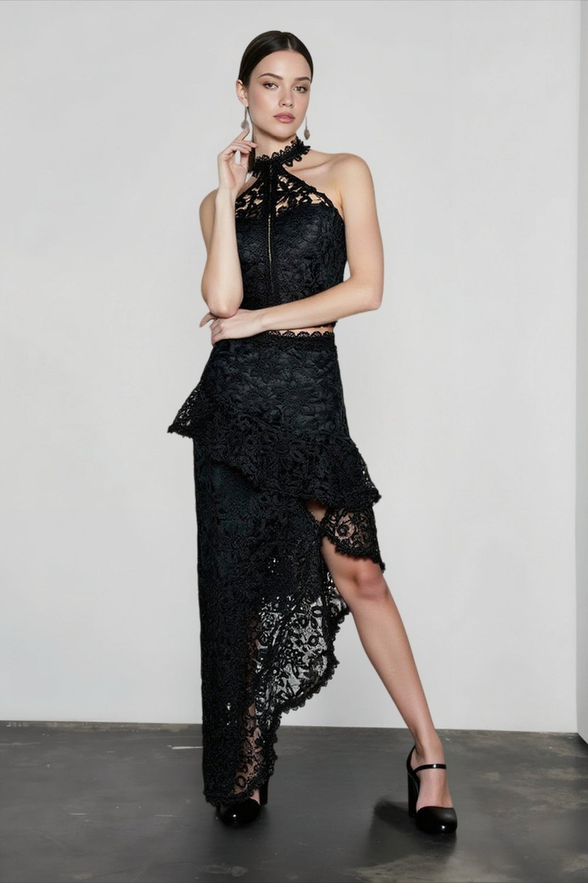 Lace Halter Neck Top and Asymmetric Ruffle Skirt Two Piece Set 3