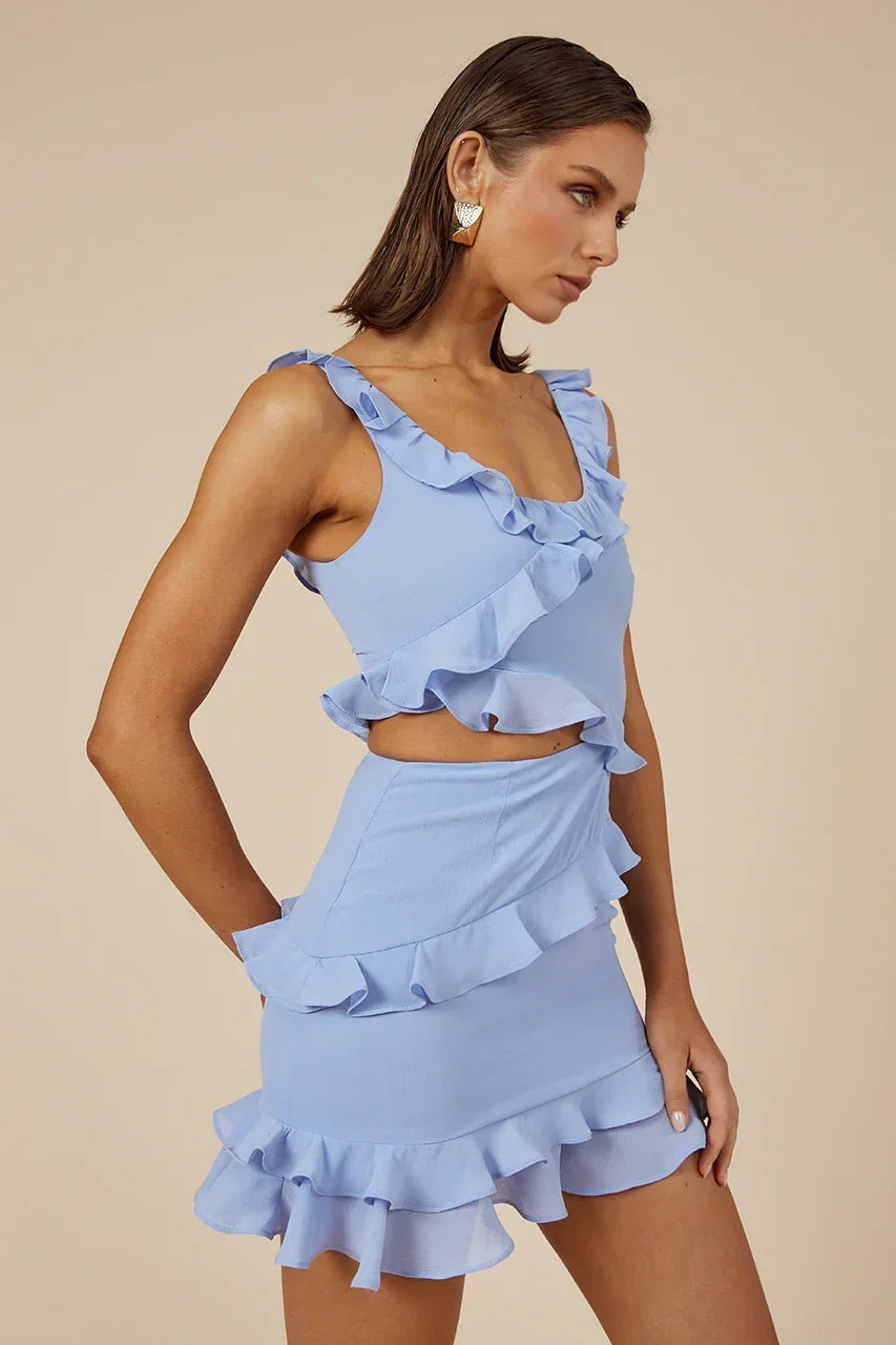 Ruffle Trim Scoop Neck Side Cut Out Bodycon Mini Dress 5