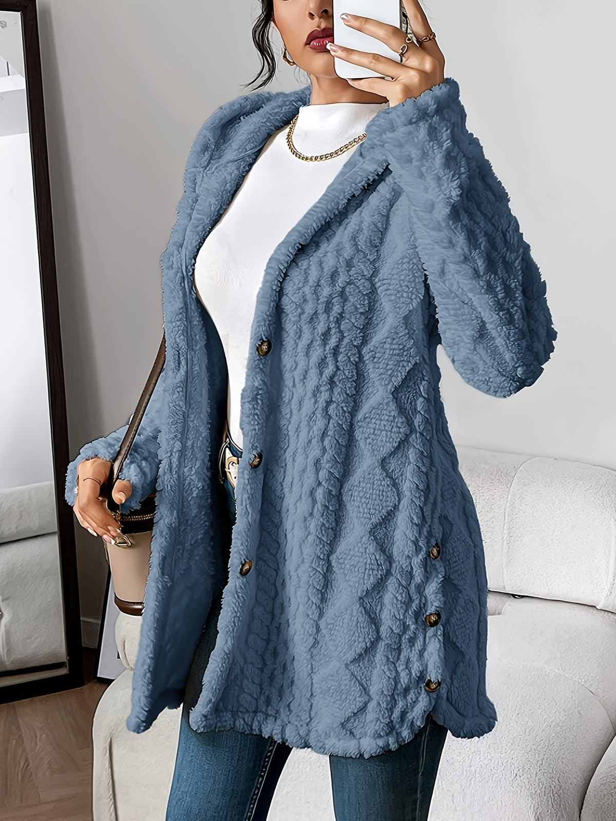 Textured Fleece Hooded Button Front Cardigan Coat