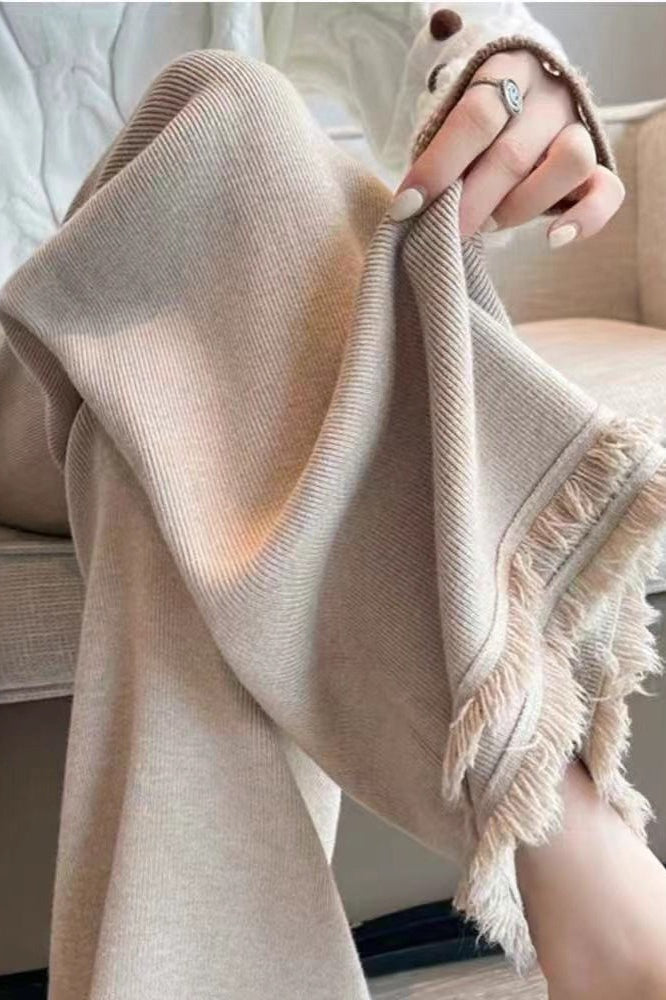 High Waist Fringed Hem Knit Pants