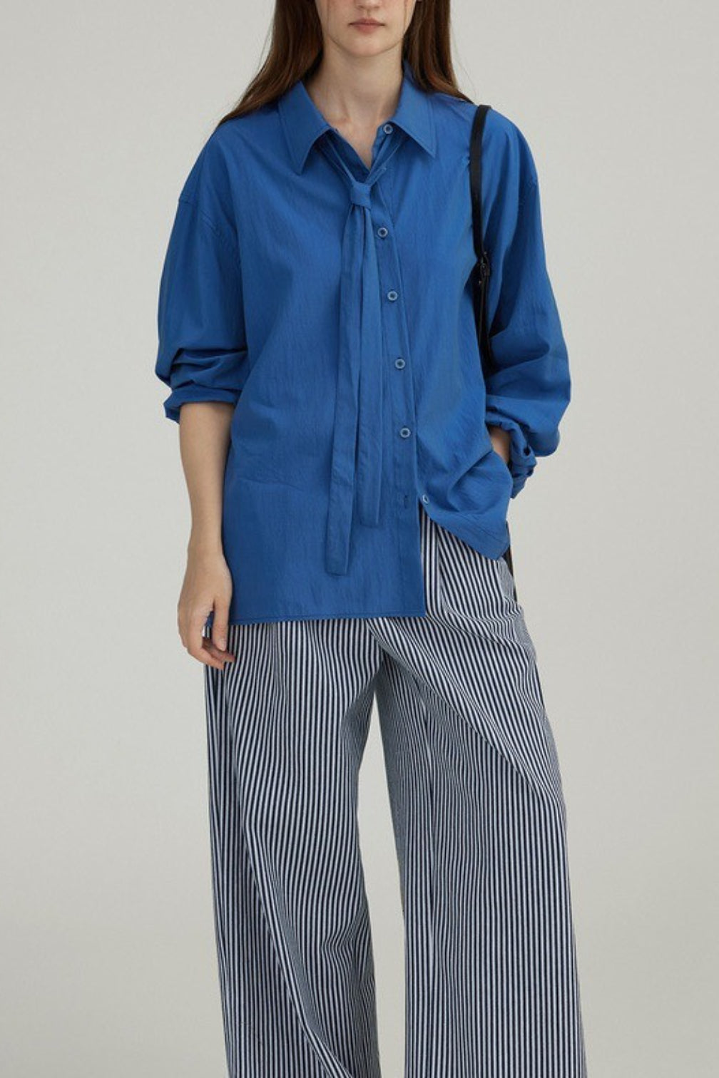 Oversized Collared Long Sleeve Button Front Tie Neck Shirt 3