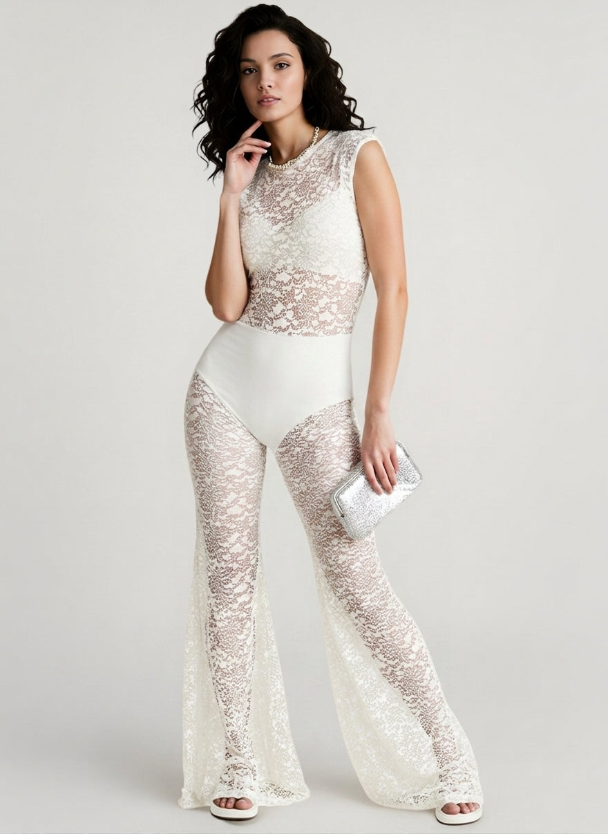 Mesh Flared Two Piece Pants Set