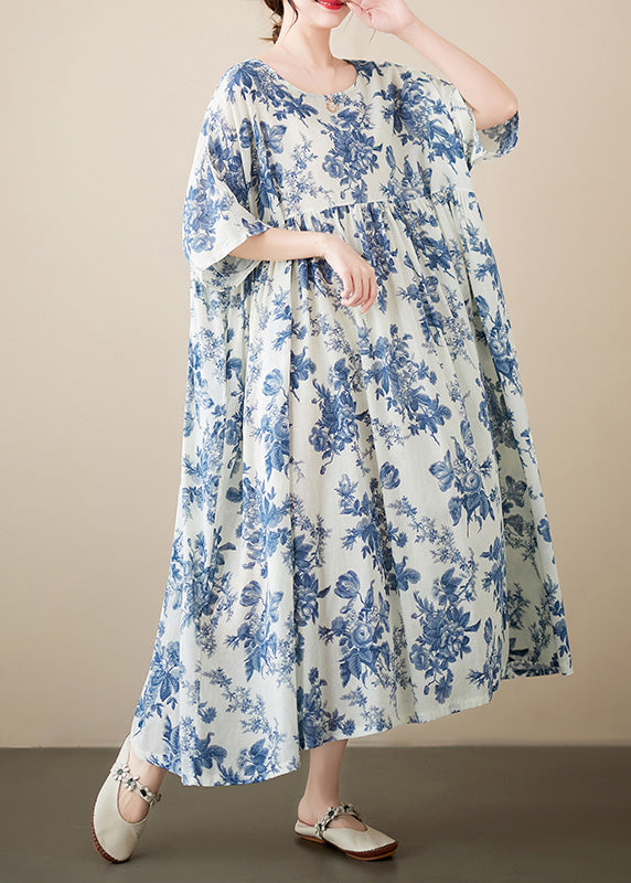 Floral Print Round Neck Short Sleeve Empire Waist Gathered A-Line Midi Dress