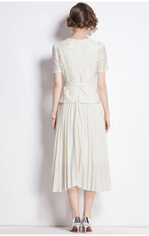 Faux Two Piece Lace Long Sleeve Pleated Midi Dress 42