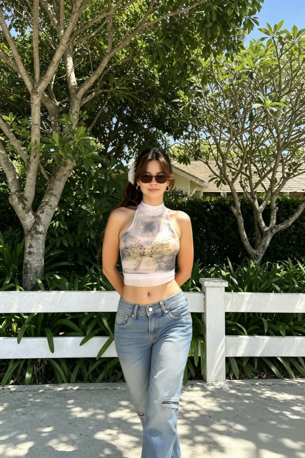 Rhinestone Embellished Mock Neck Halter Printed Mesh Crop Top