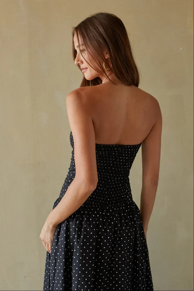 Polka Dot Strapless Drop Waist Gathered Midi Dress 8