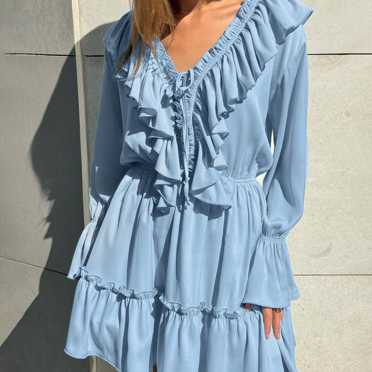 Ruffle Deep V-Neck Flounce Long Sleeve Tiered Mini Dress 18
