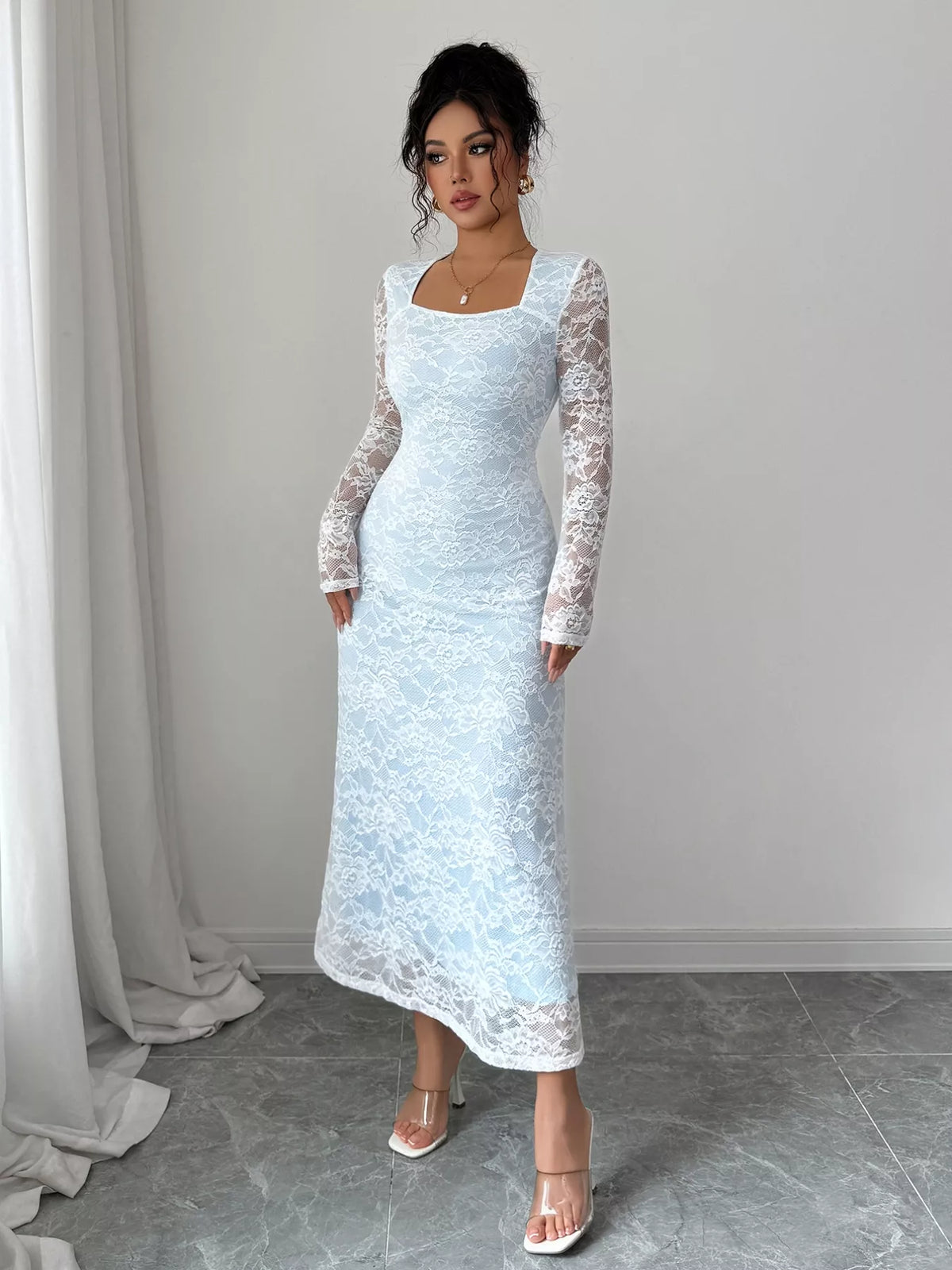 Lace Long Sleeve Square Neck Maxi Dress