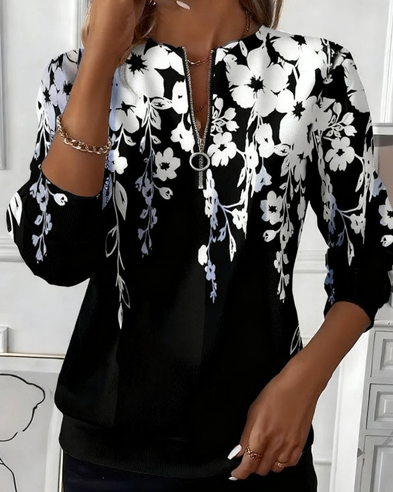 Floral Print Quarter Zip Long Sleeve Sweatshirt