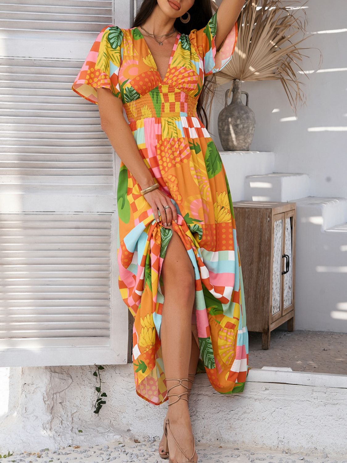 Geometric Tile Print V-Neck Short Sleeve Smocked Waist Ruffle Hem Maxi Dress 12